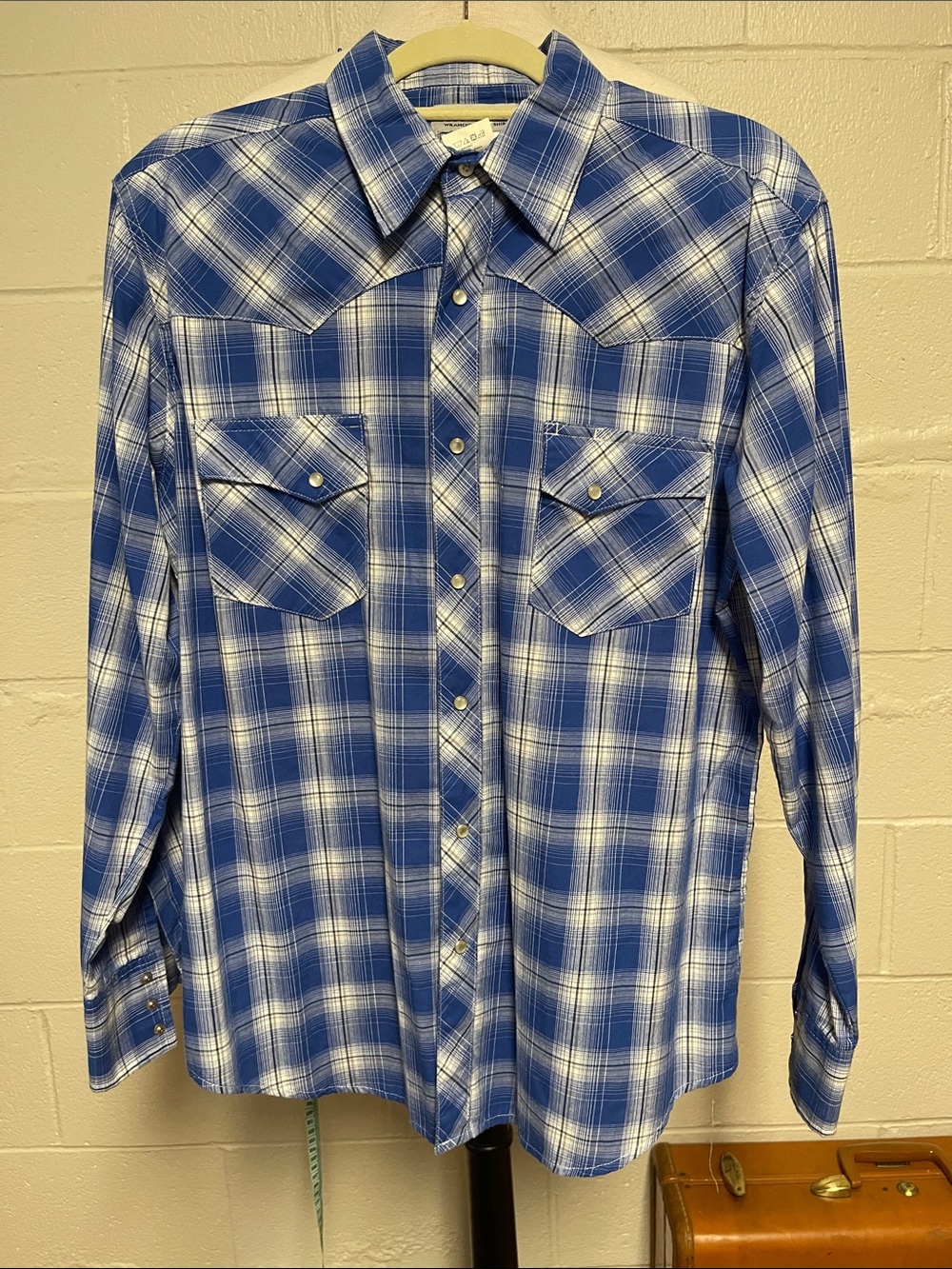Wrangler Blue and White Plaid Western Snap-Front Shirt